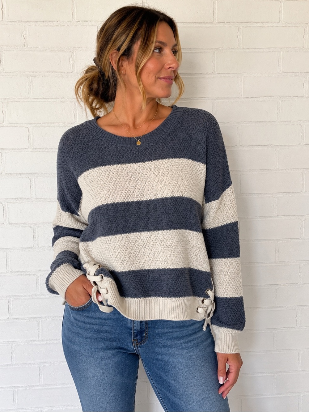 Pink Republic Blue & Ivory Striped Lace-Up Sweater – XL